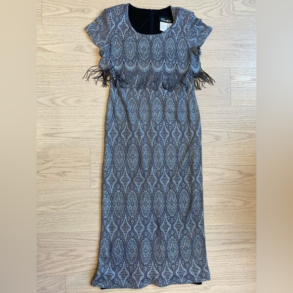 Vintage CARTISE Dress, Silver Crochet Knit, Maxi, Fringe, Black Lining, (US M) - Picture 12 of 16